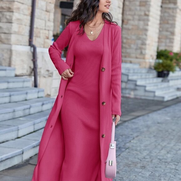 Pink Preppy Womens Solid Sleeveless Sweater Dress & Button Front Cardigan - Picture 1 of 5